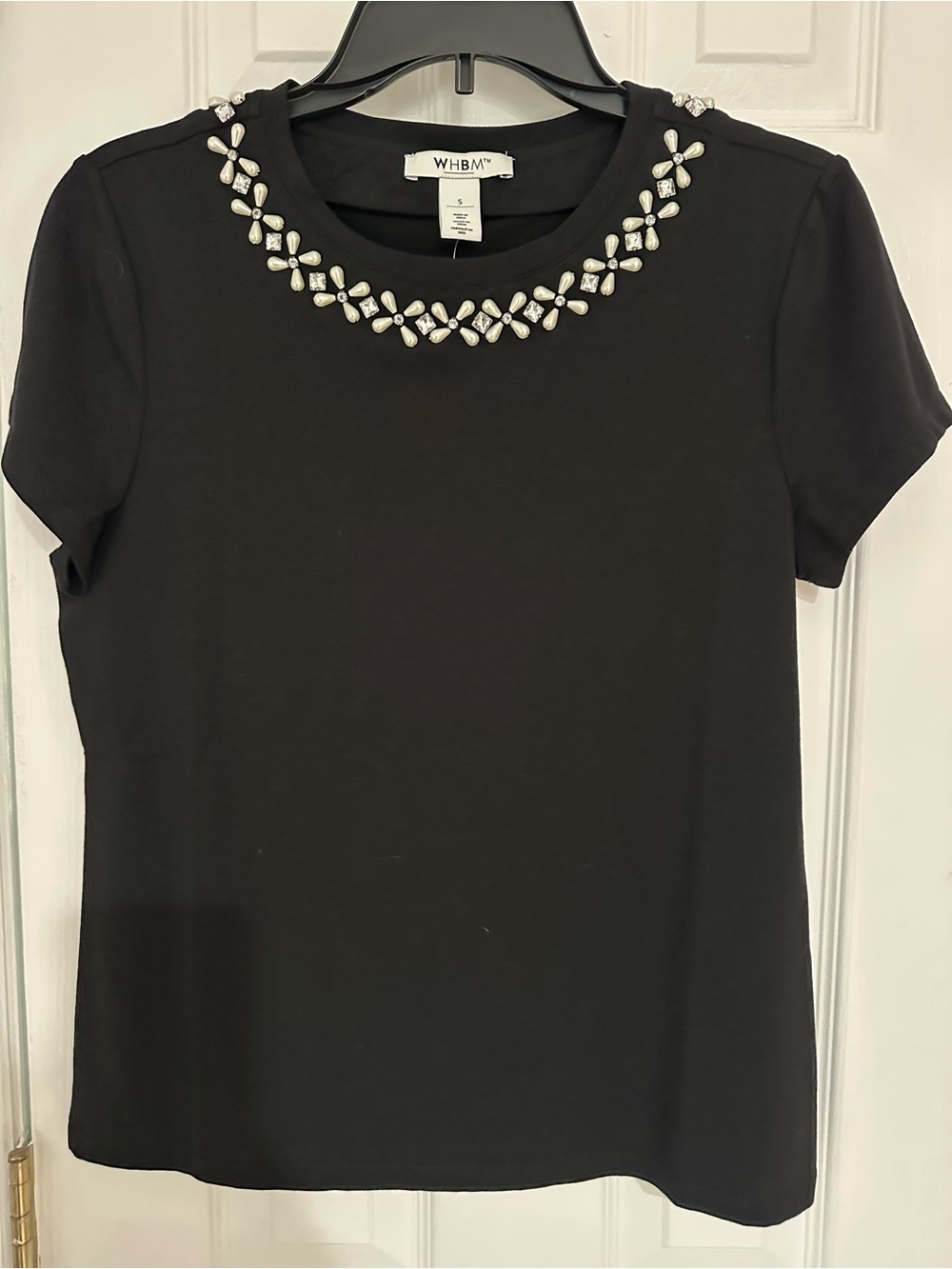 White House Black Market Black Jeweled Crewneck Short Sleeve Top